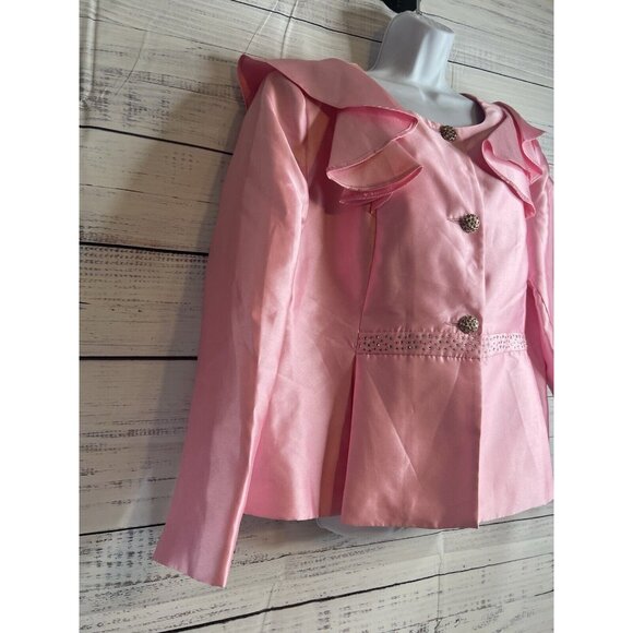 Satin Jacket 22W Pink Barbie Evening Fancy Ruffle Collar Crystal Sequins Closure - Picture 2 of 15